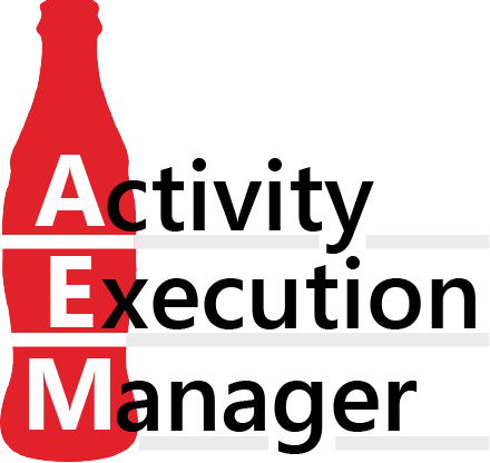Activity Execution Manager logo, an AEM monogram built into a Coca-Cola bottle shape