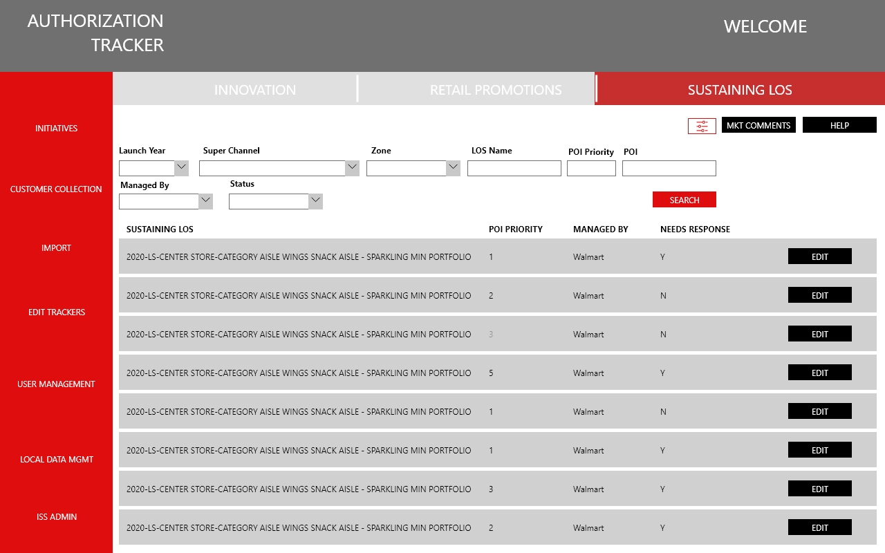 Sustaining LOS tracking landing page with priority and status filters