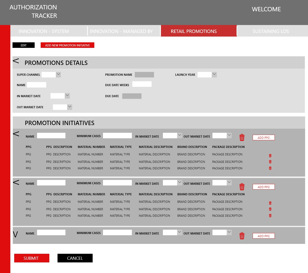 Retail Promotion edit and details form with PPG material selection