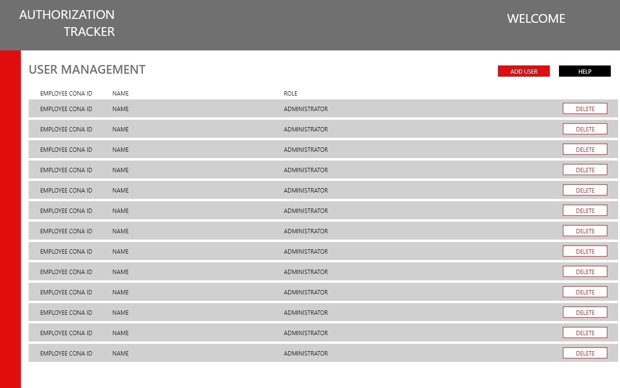 User management screen listing administrators by employee ID and role