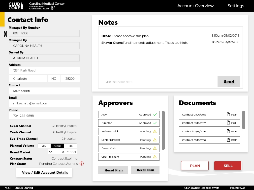 Account Overview screen showing approver chain and contact info