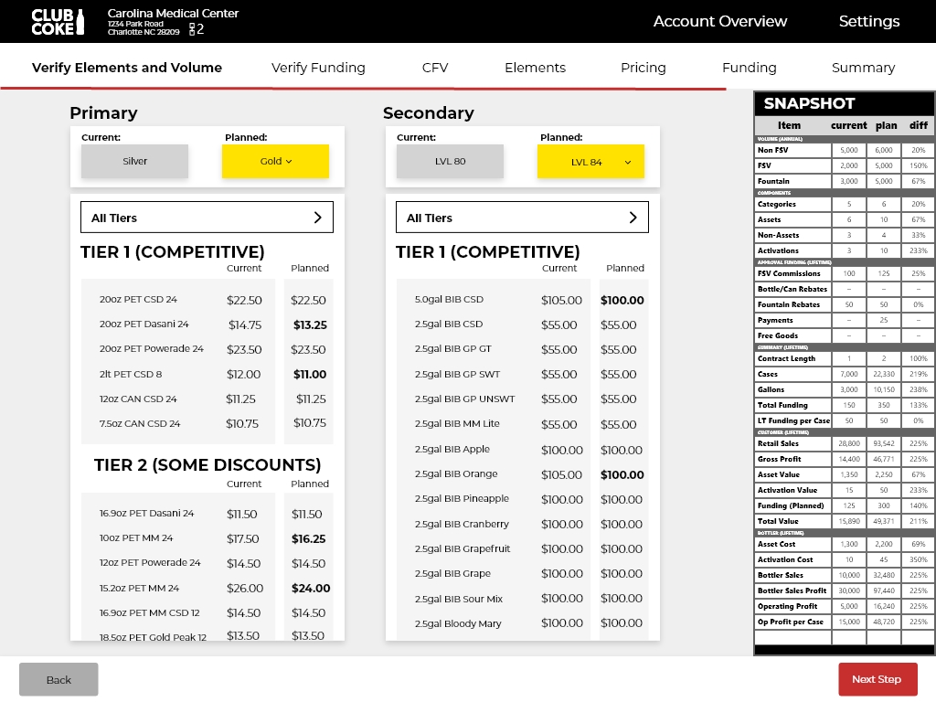 Pricing screen with persistent SNAPSHOT comparison panel