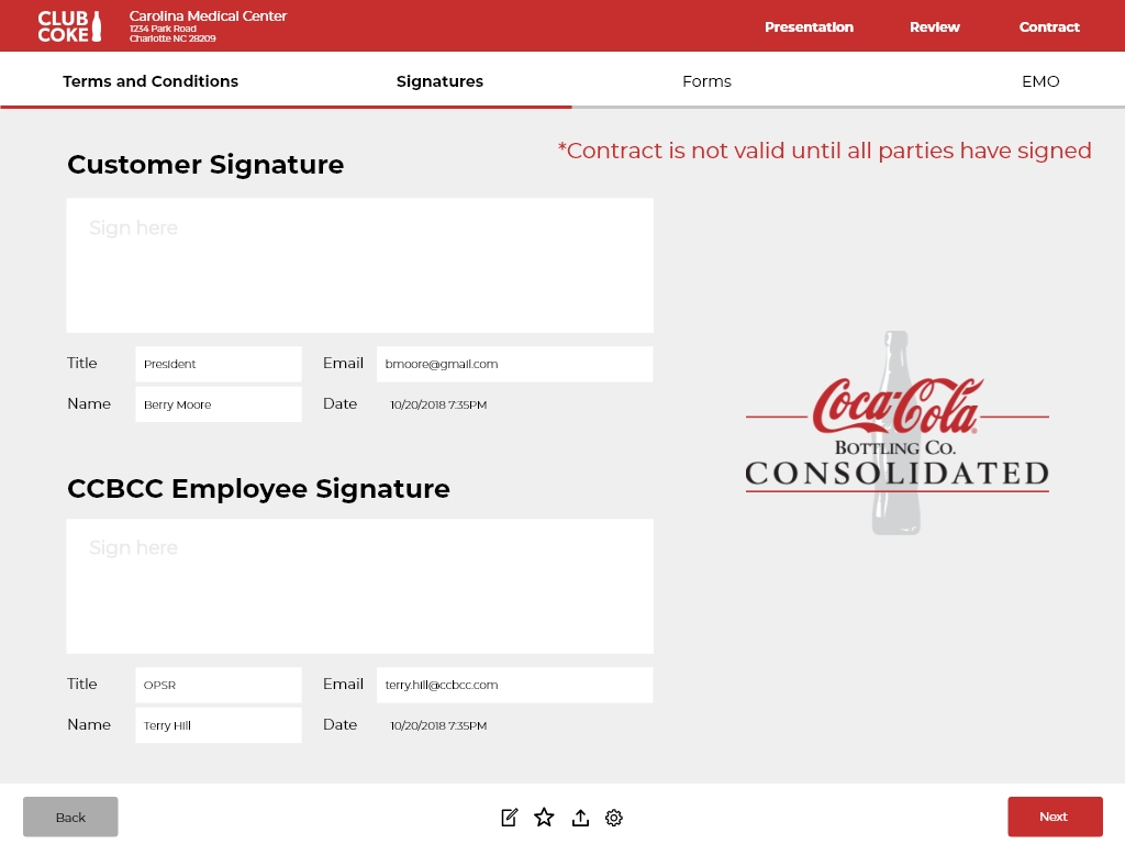Dual signature capture screen for customer and CCBCC employee
